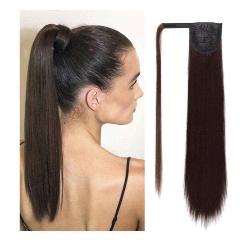 22" High Wrap Around Ponytail Extension Long Straight Black Hair Color 2#